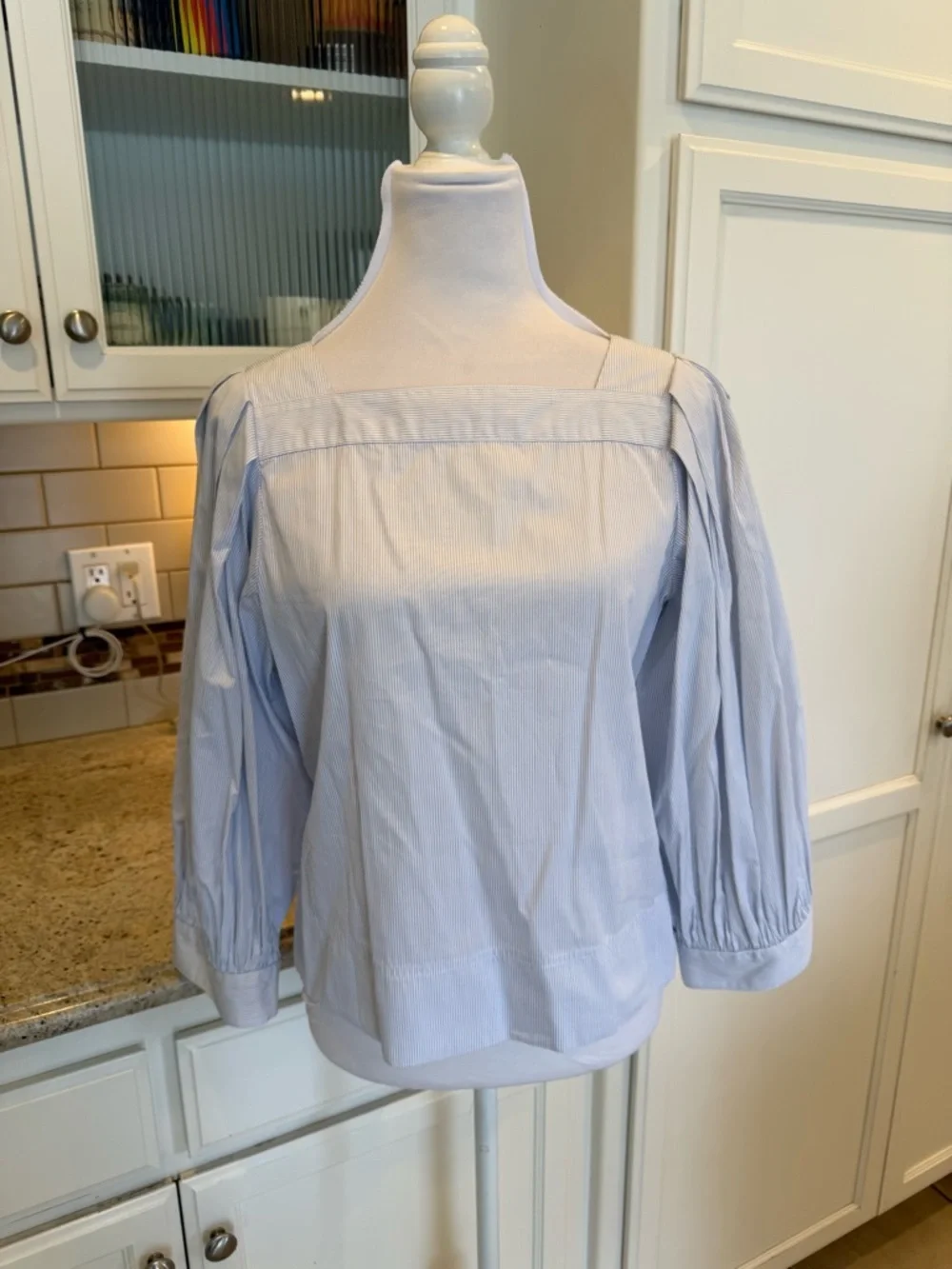 Thomas Mason for J. Crew Light Blue Striped Square-Neck Puff Sleeve Blouse Small